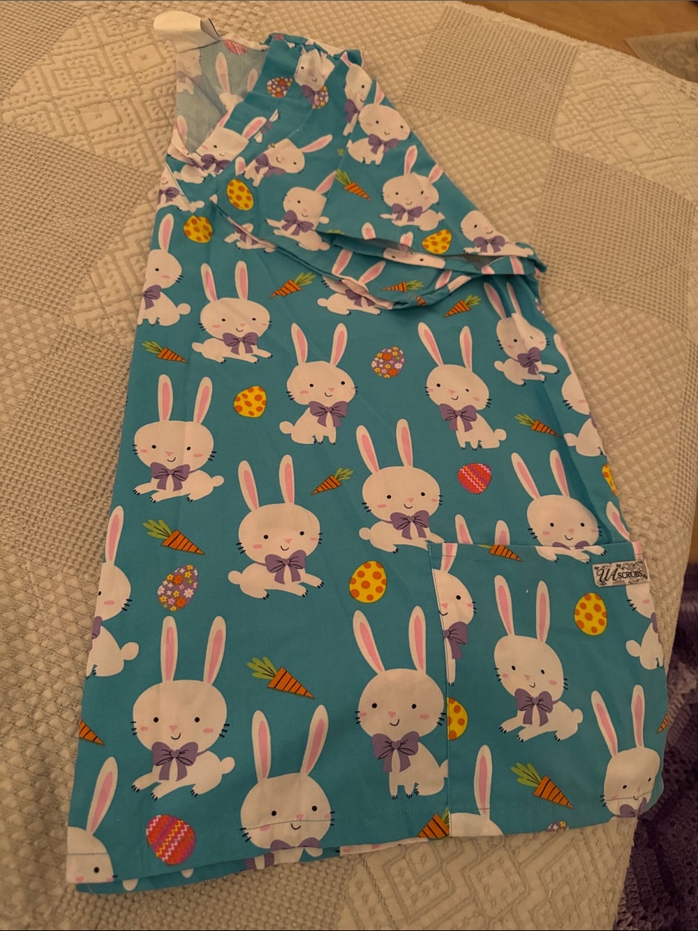 UA Scrubs Bunny Print Scrub Top in Teal with White and Pink Easter Print XL